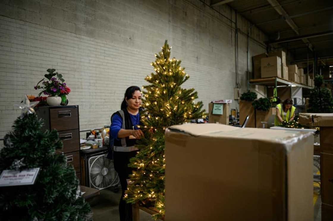 A worker prepares a tree at a Christmas decorations warehouse of the National Tree Company in New Jersey on October 26, 2022.