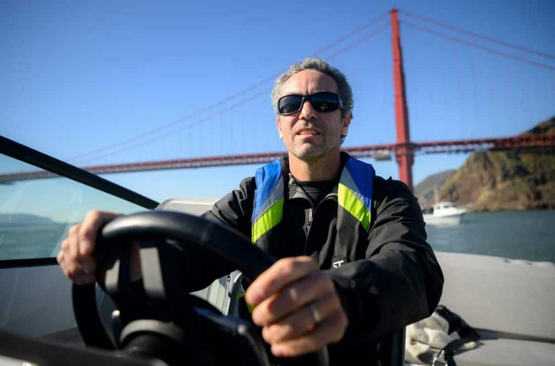 French sailor Tanguy de Lamotte pilots Candela US's "flying" electric C-8 boat in San Francisco Bay French sailor Tanguy de Lamotte pilots Candela US's "flying" electric C-8 boat in San Francisco Bay