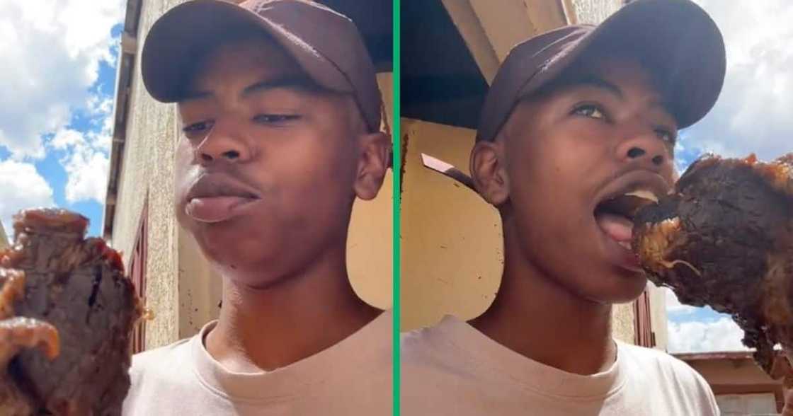 Young man shares how he eats lamb shank all by himself. Young man shares how he eats lamb shank all by himself.