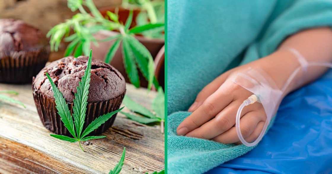 Collage image of space muffins and a person in a hospital bed Collage image of space muffins and a person in a hospital bed
