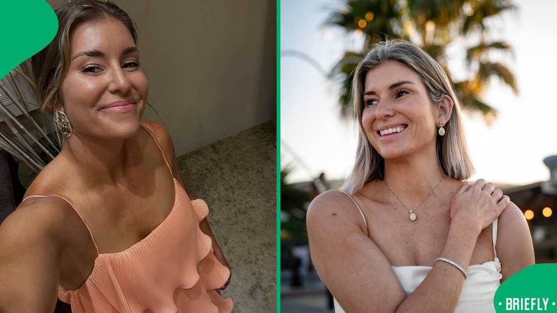 On the right captured Rachel posing outside in a white dress On the right captured Rachel posing outside in a white dress