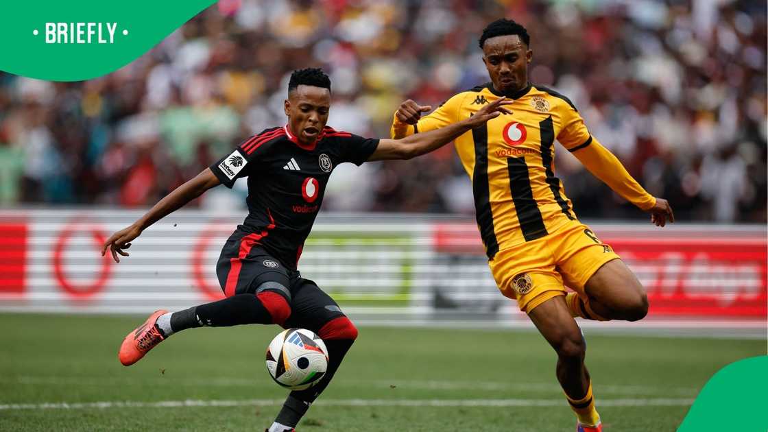 Relebohile Mofokeng and Njabulo Blom battle for the ball during Orlando Pirates vs Kaizer Chiefs clash in the Premier Soccer League.