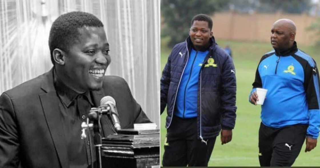 Heartbroken Pitso Mosimane pays tribute to ex-Mamelodi Sundowns spokesperson Thulani Thuswa. Image: @Masandawana/@TheRealPitsoMosimane/Twitter Heartbroken Pitso Mosimane pays tribute to ex-Mamelodi Sundowns spokesperson Thulani Thuswa. Image: @Masandawana/@TheRealPitsoMosimane/Twitter