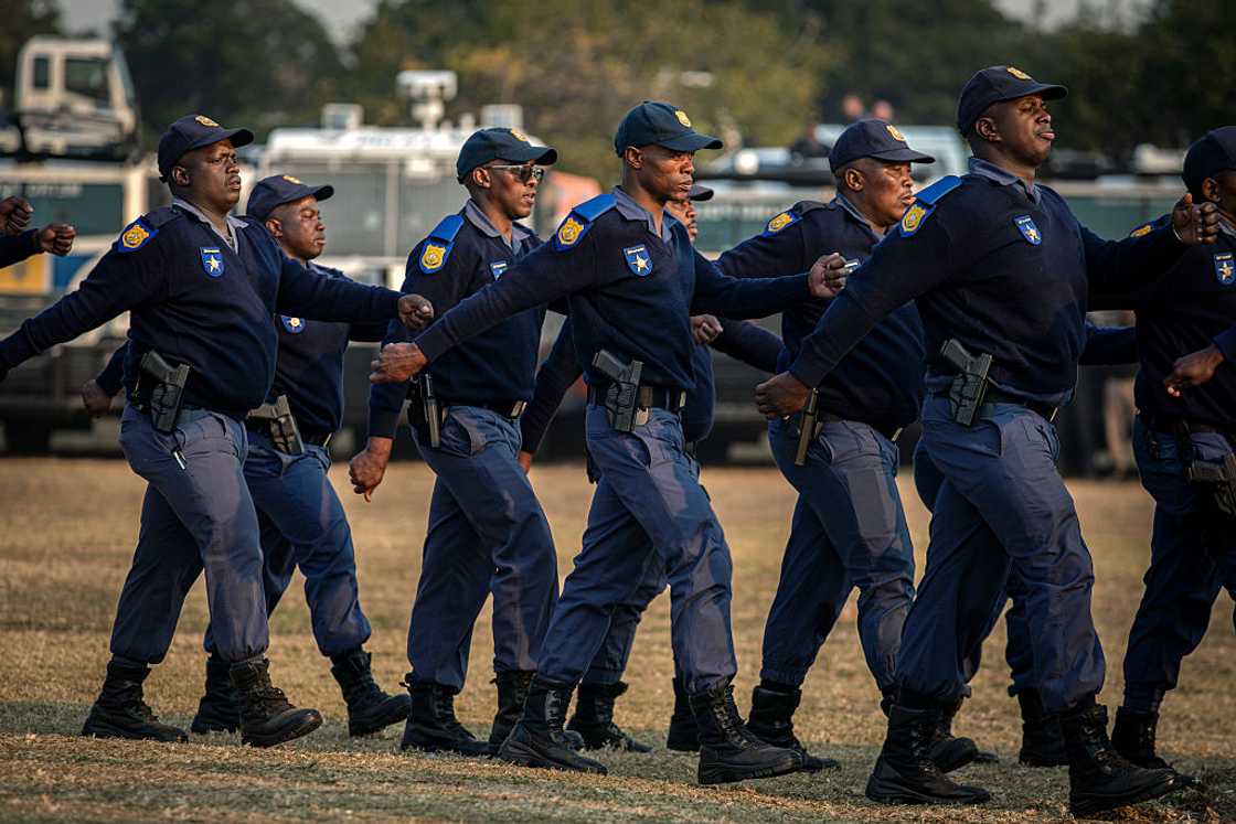 Officers in the South African Police Service (SAPS) participate in a parade at FNB Stadium on June 26, 2026 in Johannesburg, South Africa