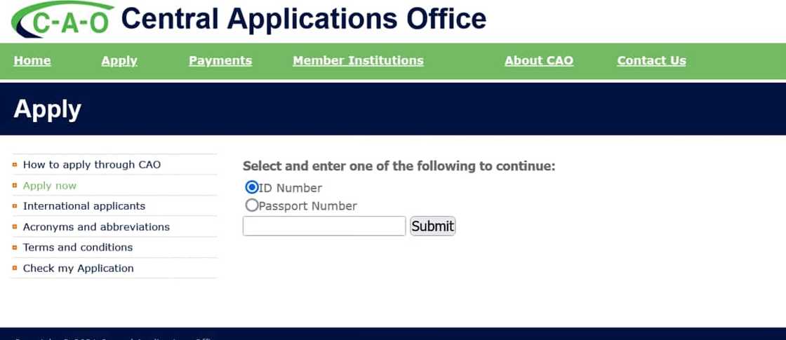 The CAO application page The CAO application page