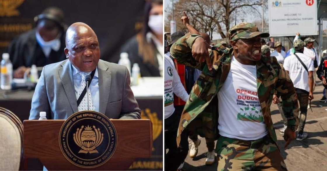 Health Minister Joe Phaahla and Operation Dudula protestors Health Minister Joe Phaahla and Operation Dudula protestors