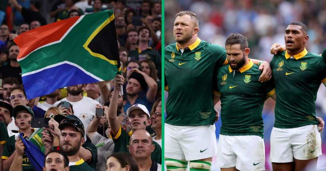 The South African flag flown at a rugby match, and the Springboks singing the National Anthem The South African flag flown at a rugby match, and the Springboks singing the National Anthem