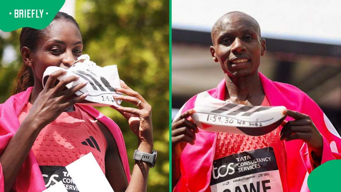 Collage showing Tigst Assefa and Sabastian Sawe holding their adidas shoes with their world records written on then following the London Marathon
