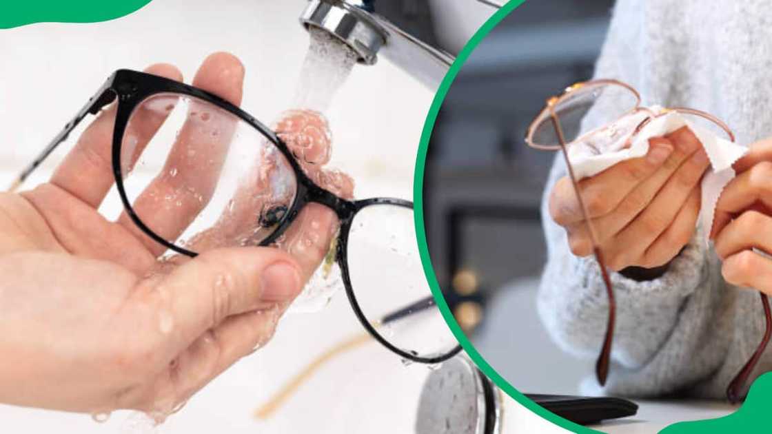 A woman cleaning her glasses