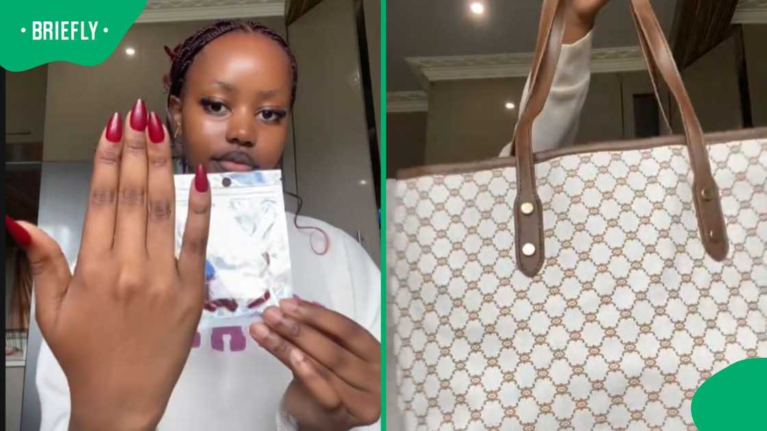 She showed off her fiery red glue-on nails and her chic tote bag that she scored.