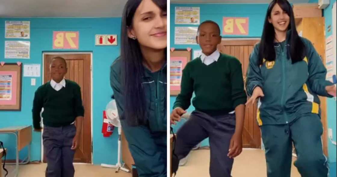 Teacher dancing with schoolboy on TikTok