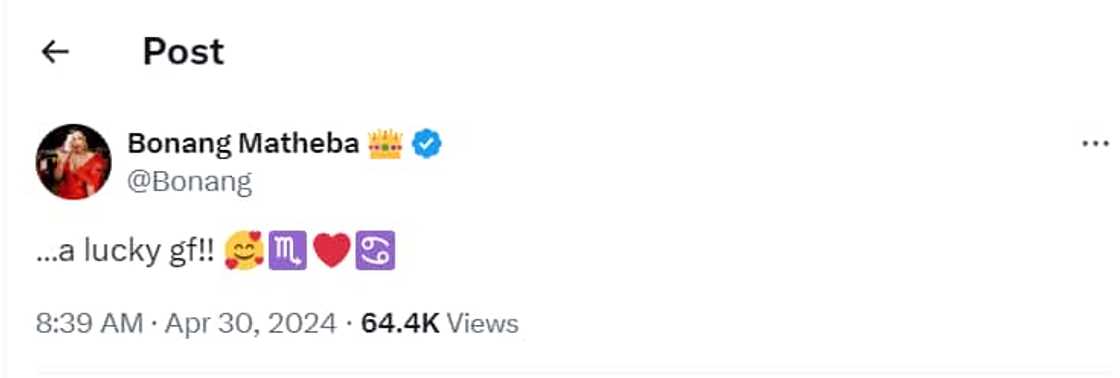 Bonang Matheba brags about her man. Bonang Matheba brags about her man.