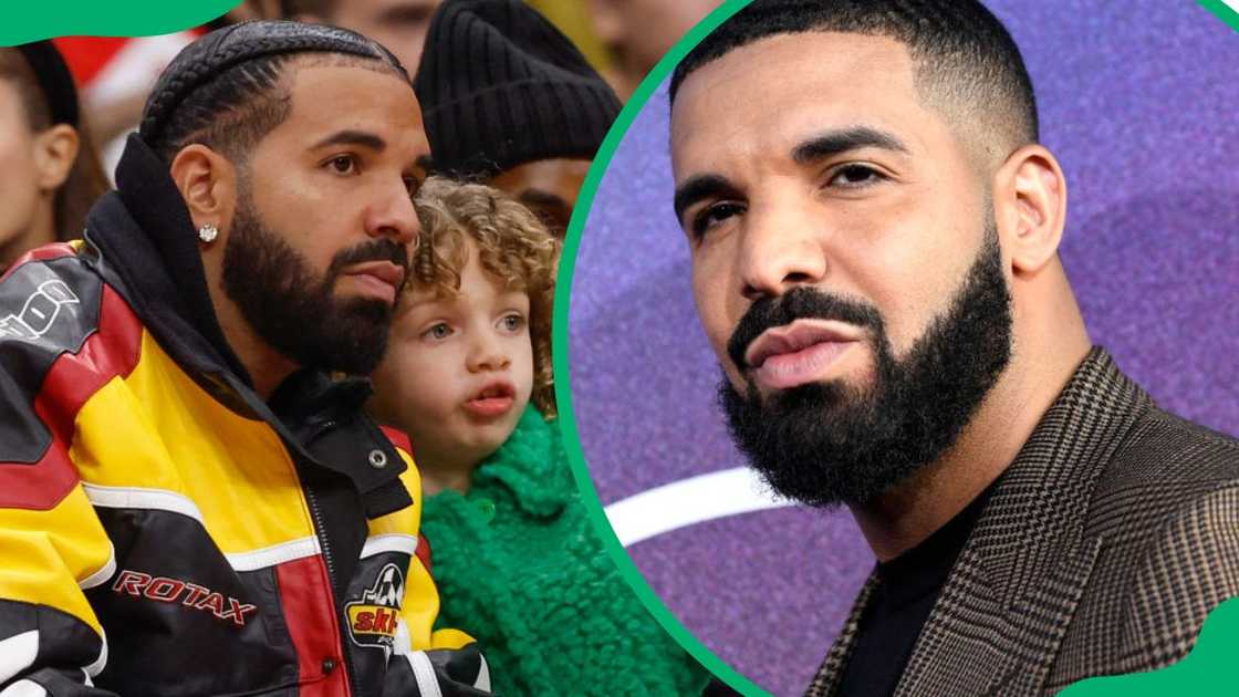 Drake and his son, Adonis, at the Scotiabank Arena (L). The rapper at The Cinerama Dome in 2019 (R)