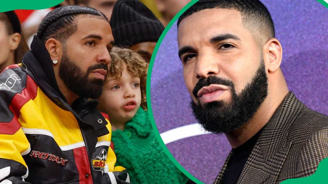 Drake and his son, Adonis, at the Scotiabank Arena (L). The rapper at The Cinerama Dome in 2019 (R) Drake and his son, Adonis, at the Scotiabank Arena (L). The rapper at The Cinerama Dome in 2019 (R)