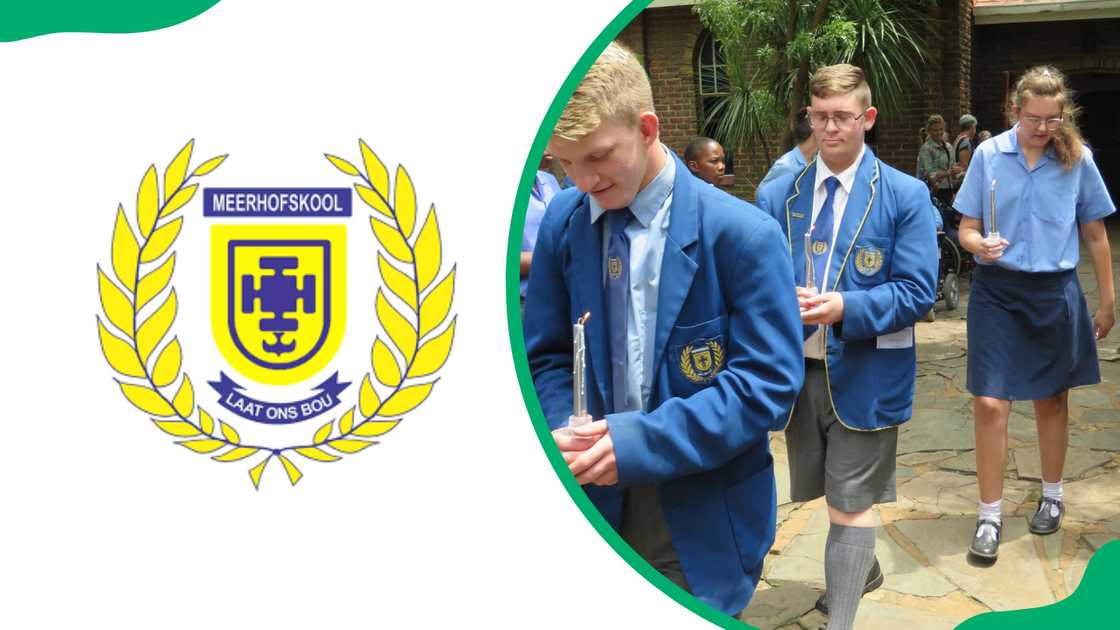 The Meerhof School logo and students from the school walking with candles in their hands The Meerhof School logo and students from the school walking with candles in their hands