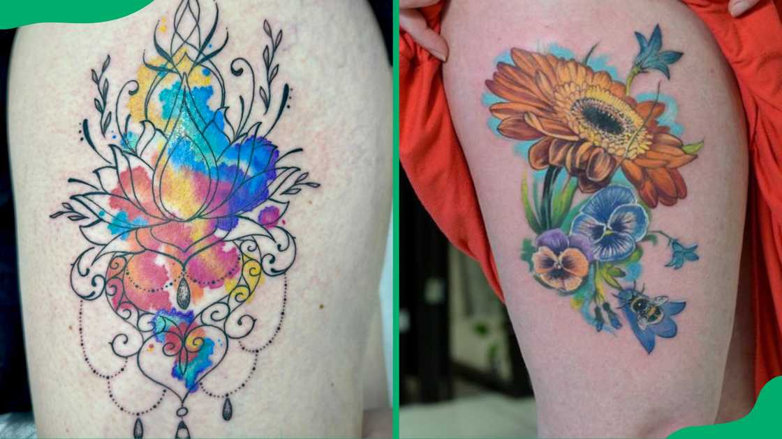 Watercolour girly front thigh tattoo. Watercolour girly front thigh tattoo.