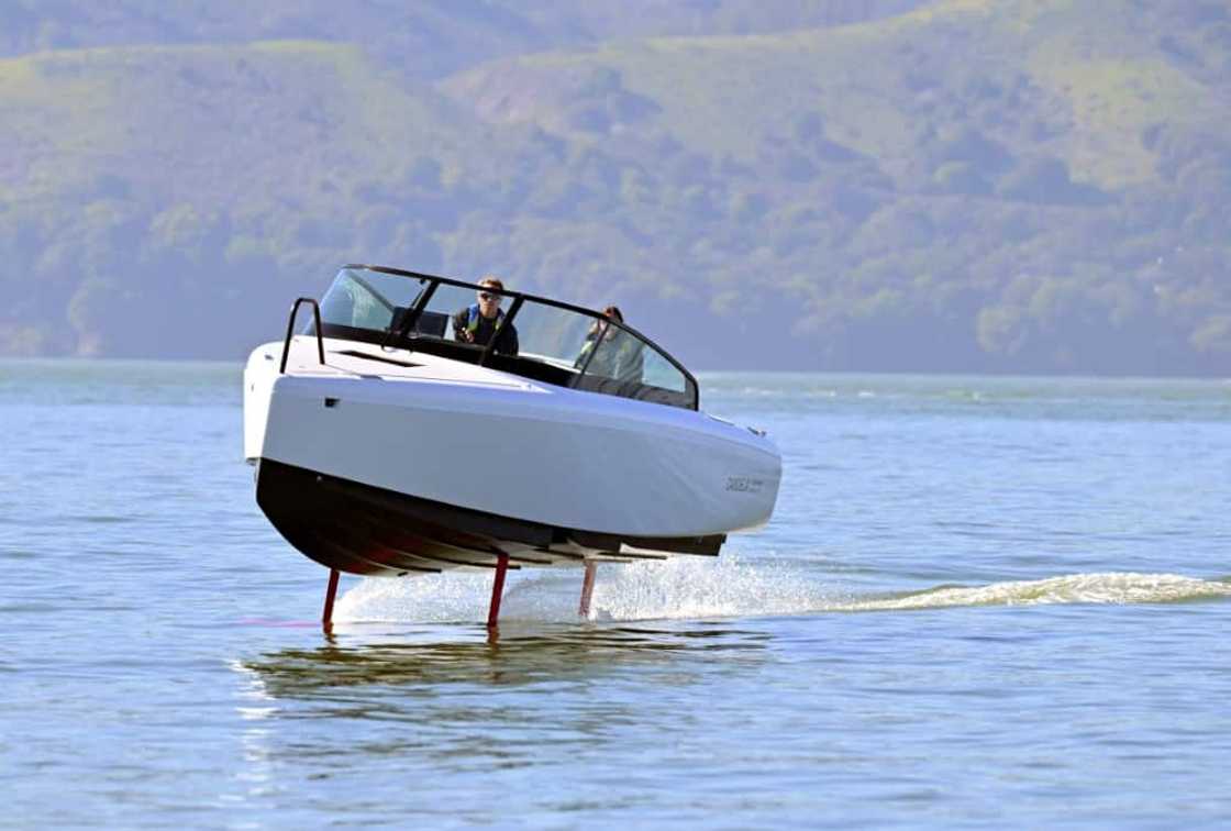 French sailor Tanguy de Lamotte, CEO of Candela US, drives the company's "flying" electric C-8 boat in Sausalito, California on February 8, 2023