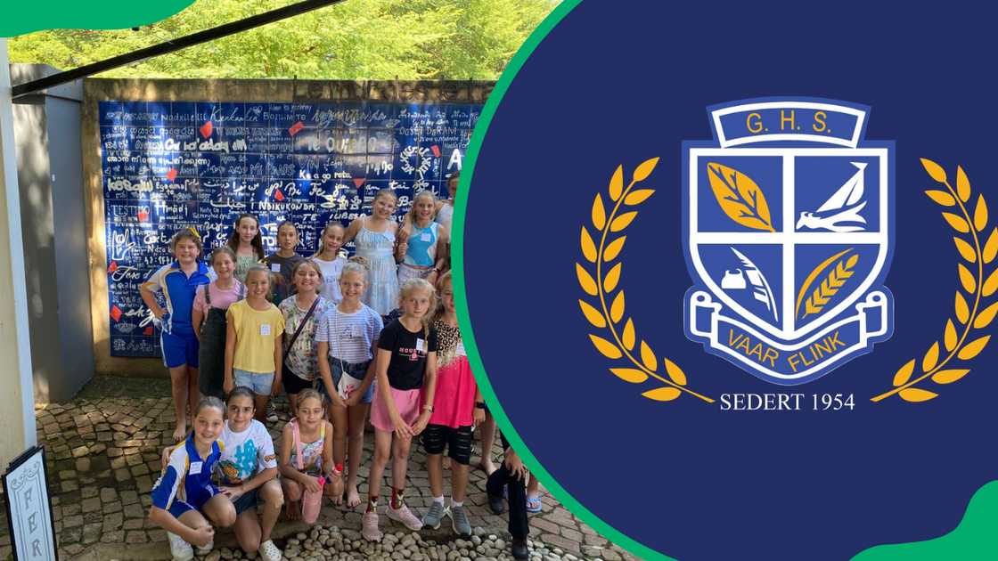 Students from Generaal Hendrik Schoeman Laerskool and the school logo Students from Generaal Hendrik Schoeman Laerskool and the school logo