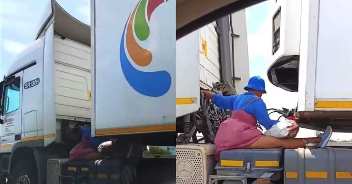 Woman hitching ride on truck Woman hitching ride on truck