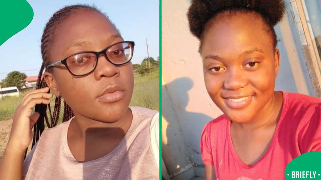 The visual on the right showed a woman posing outside her home