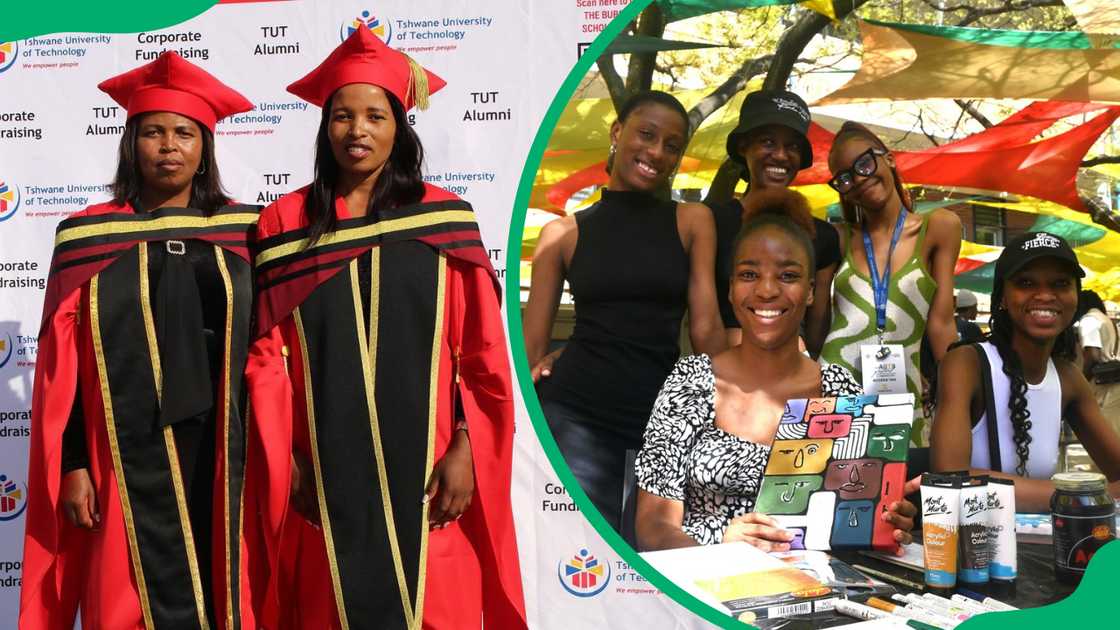Two female TUT graduates on their graduation day and TUT students exploring the world of virtual reality Two female TUT graduates on their graduation day and TUT students exploring the world of virtual reality