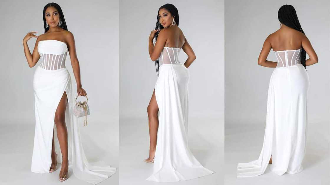 Strapless gown with sheer boned corset and high-side slit Strapless gown with sheer boned corset and high-side slit