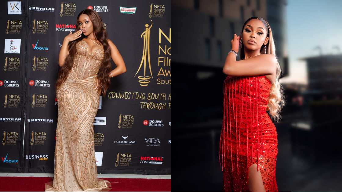 Lethabo Mekoa in brown and red gowns at award functions