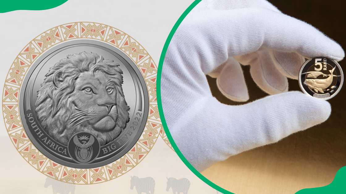 An SA lion coin and a hand in a white glove holding the R5 denomination An SA lion coin and a hand in a white glove holding the R5 denomination