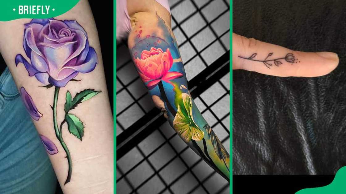 Purple (L), realistic (C) and finger flower tattoos (R) Purple (L), realistic (C) and finger flower tattoos (R)