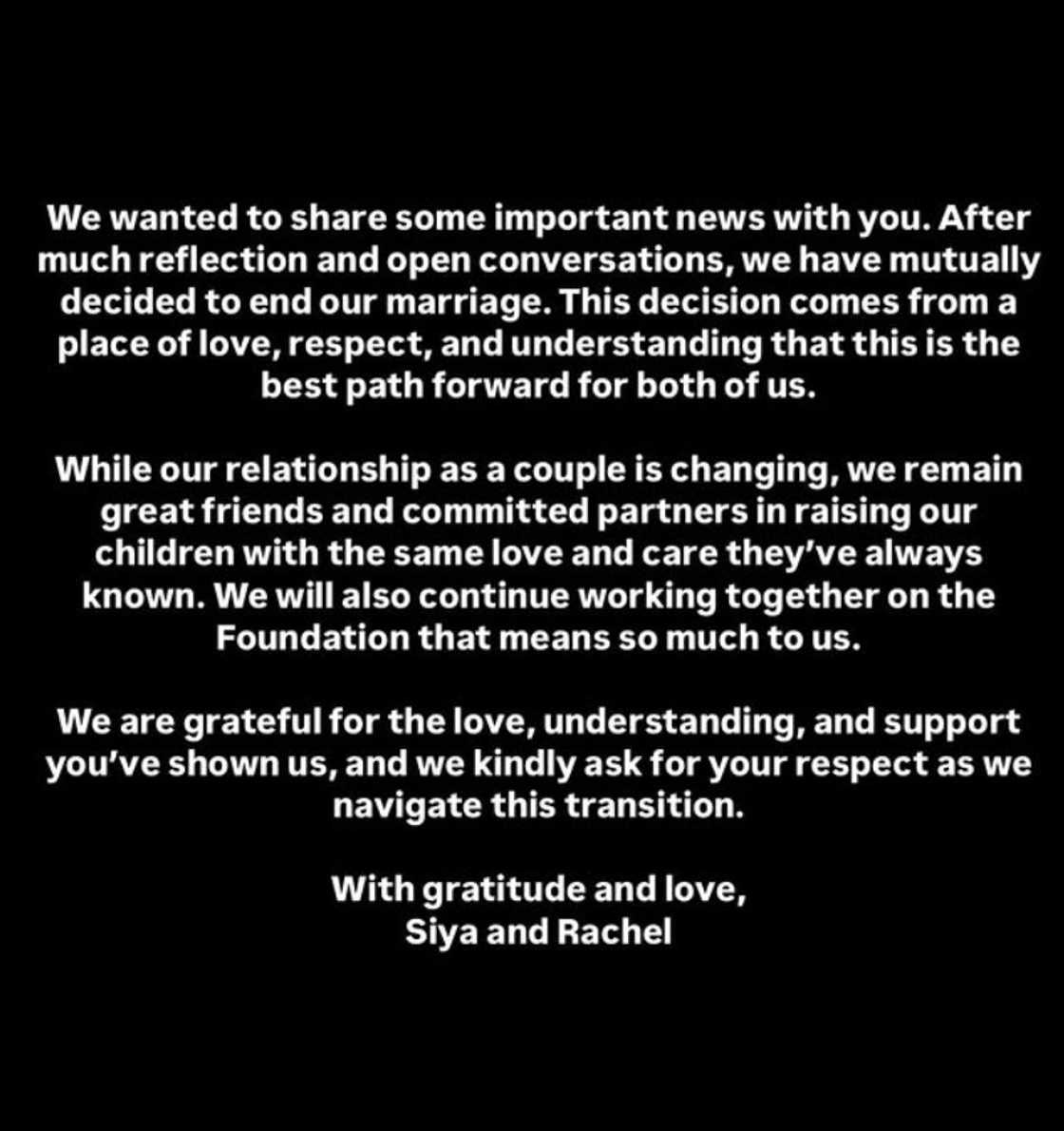 A screenshot of Rachel and Siya Kolisi's divorce announcement.