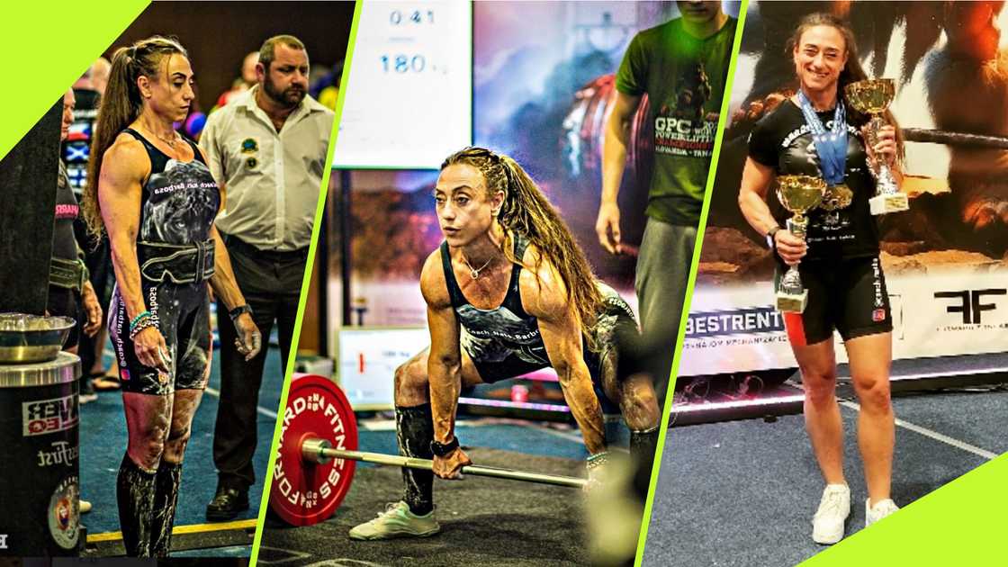 Nataly Barbosa, 53, shows her strength and determination as she competes on the powerlifting platform, showcasing her intense focus and impressive form