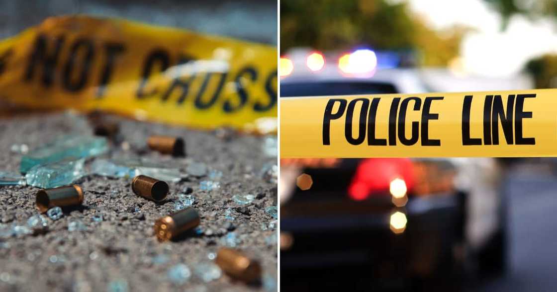 Bullet casings and broken glass. Crime scene.