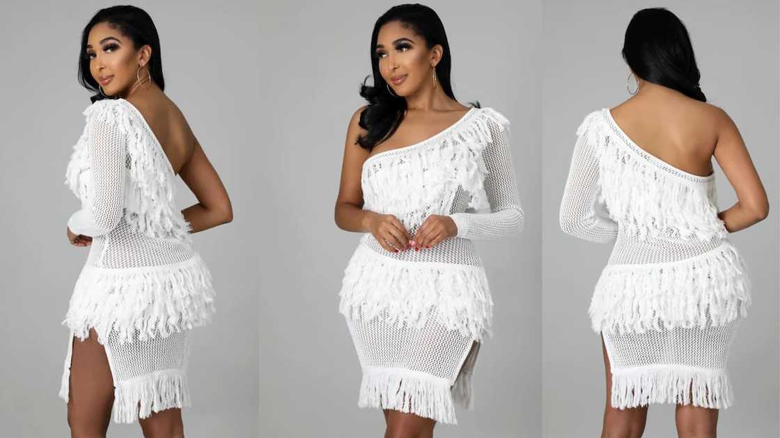 One-shoulder crochet dress with fringes and side slit One-shoulder crochet dress with fringes and side slit