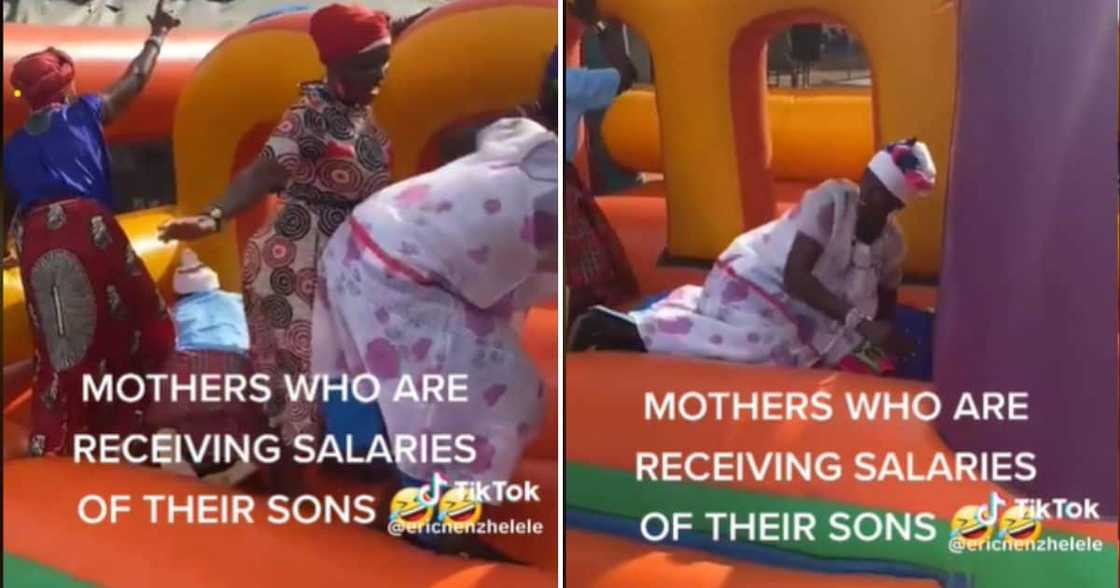 Older women enjoy a jumping castle. Older women enjoy a jumping castle.