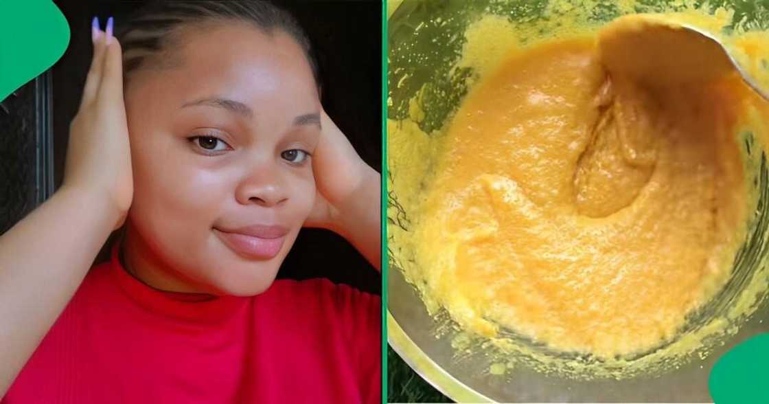 A TikTok video shows a woman unveiling her turmeric scrub recipe for dark spot removal.