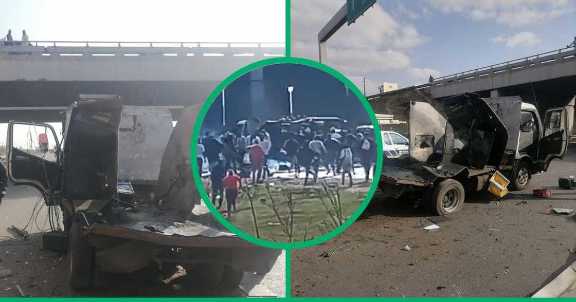 Collage images of a cash-in-transit van that was bombed by robbers Collage images of a cash-in-transit van that was bombed by robbers