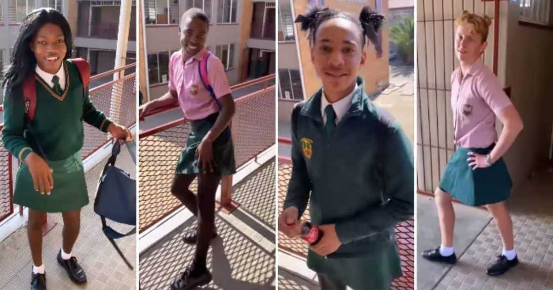 Schoolboys dressed in girl uniforms from their school to honour Women's Day. Schoolboys dressed in girl uniforms from their school to honour Women's Day.