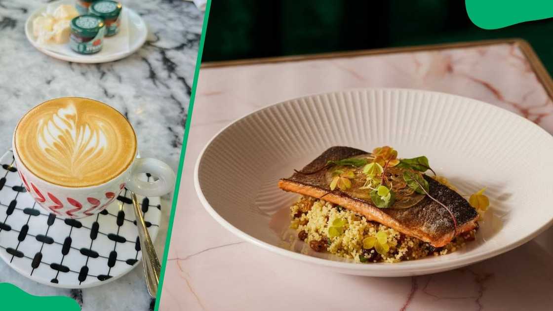 The restaurant's coffee (L). Well-cooked salmon (R) The restaurant's coffee (L). Well-cooked salmon (R)