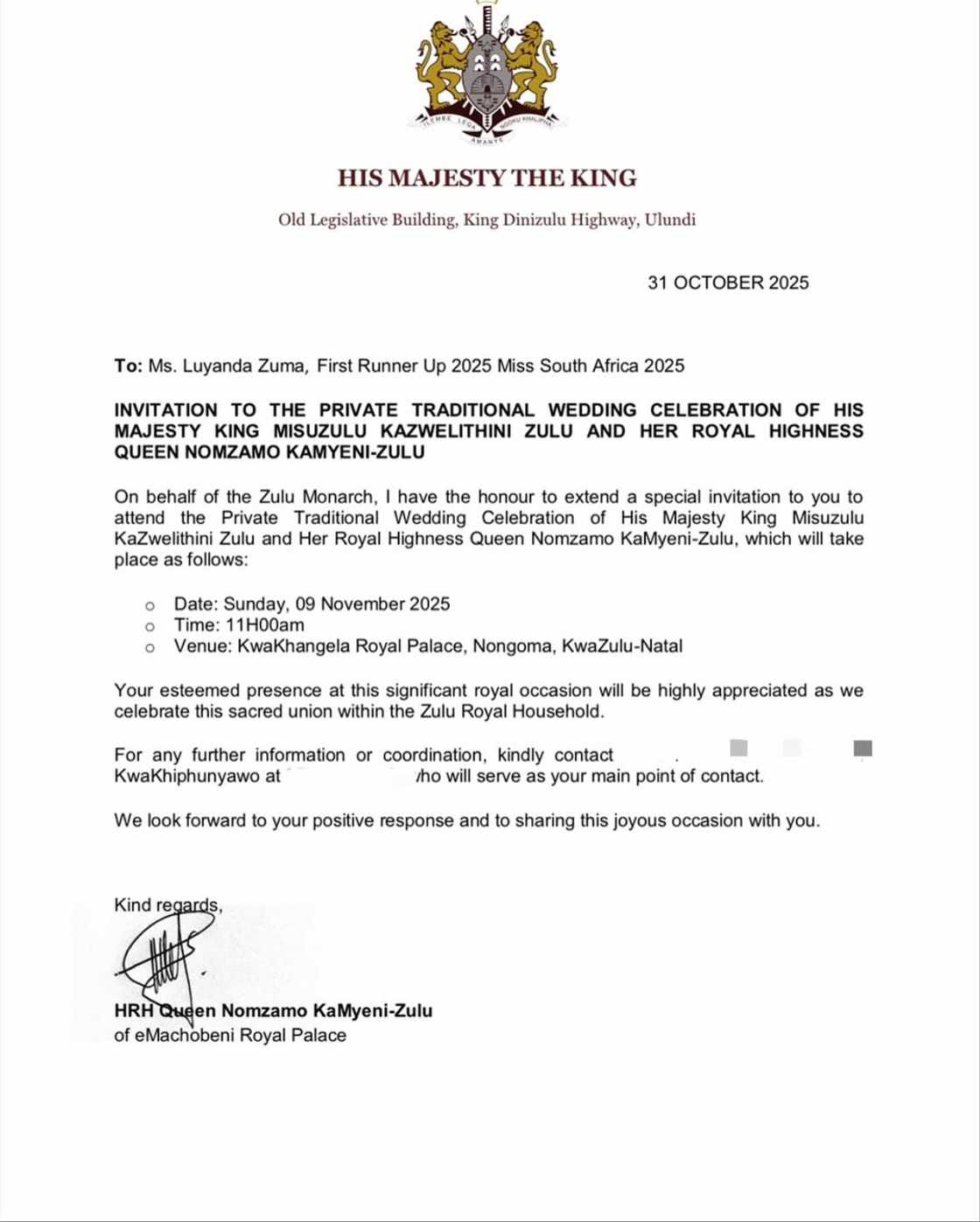An invitation from HRH Queen Nomzamo KaMyeni-Zulu.