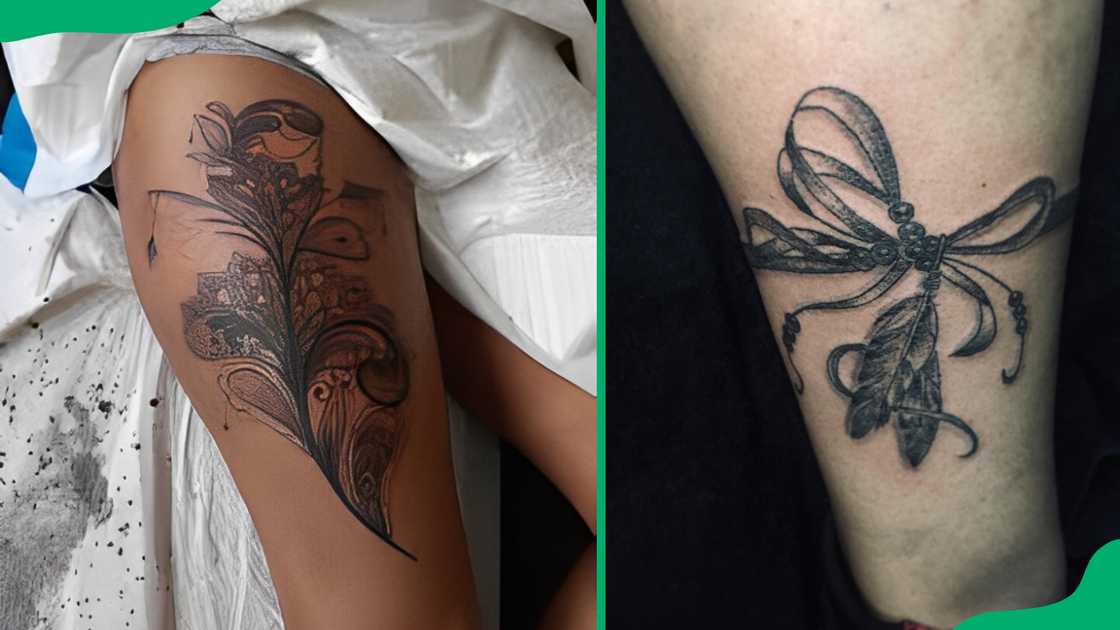 Black and grey thigh tattoos.