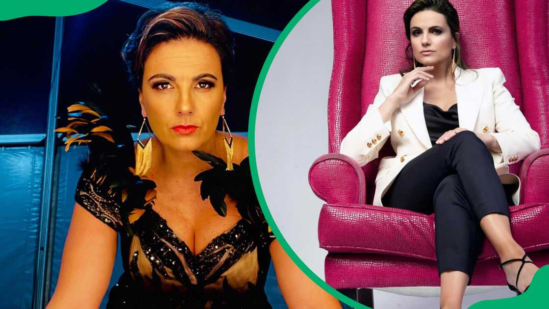 Leanne Manas is pictured in a black dress and in a white and black suit on a pink chair Leanne Manas is pictured in a black dress and in a white and black suit on a pink chair