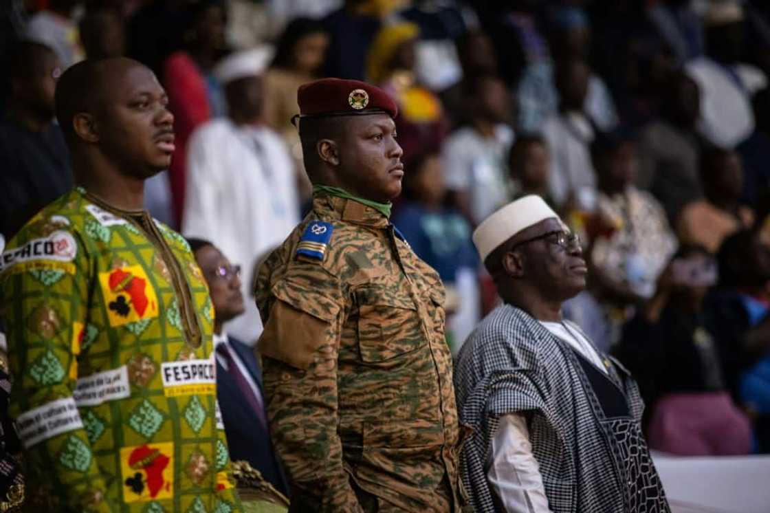 Capitain Ibrahim Traore (centre) has vowed to recover lost territory since taking power in a September coup Capitain Ibrahim Traore (centre) has vowed to recover lost territory since taking power in a September coup