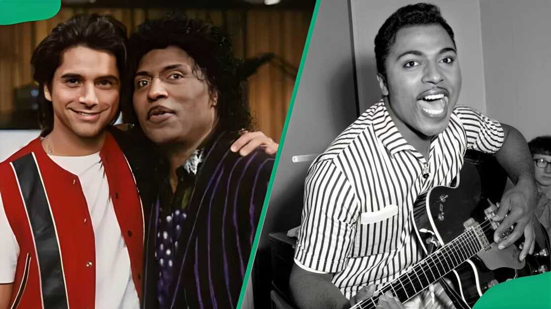 Danny Penniman and Little Richard posing for a photo. Little Richard with a guitar. Danny Penniman and Little Richard posing for a photo. Little Richard with a guitar.