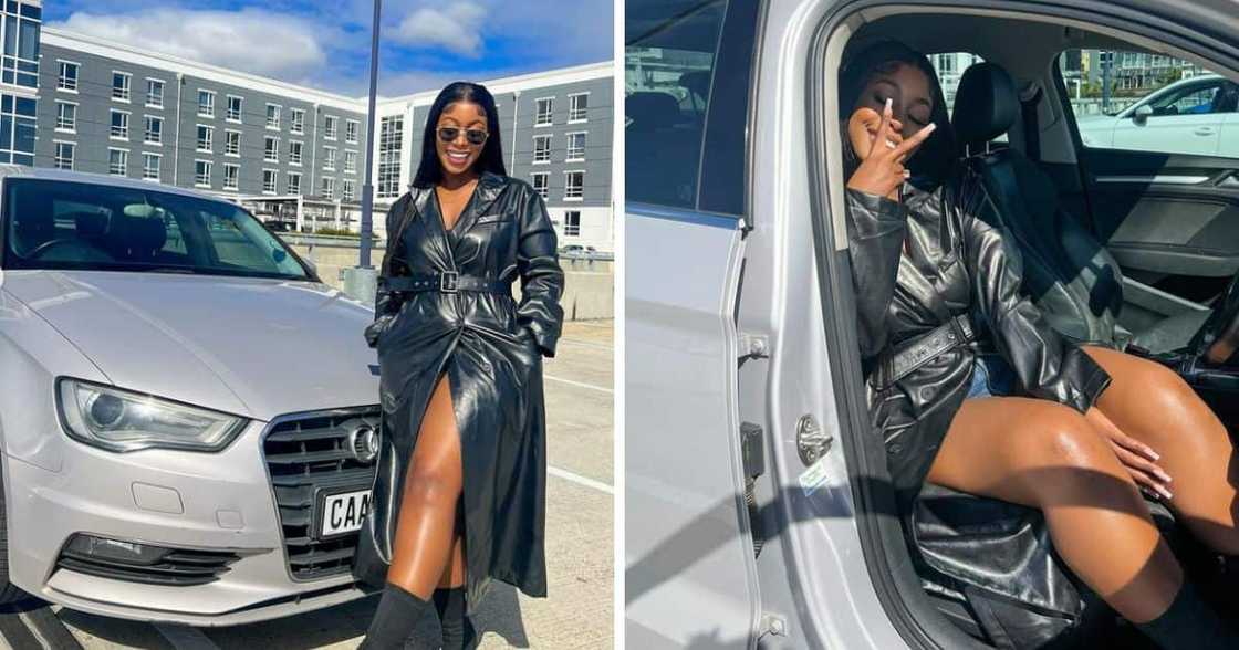 Ziyanda Maziya Mlakalaka posing with her new car Ziyanda Maziya Mlakalaka posing with her new car