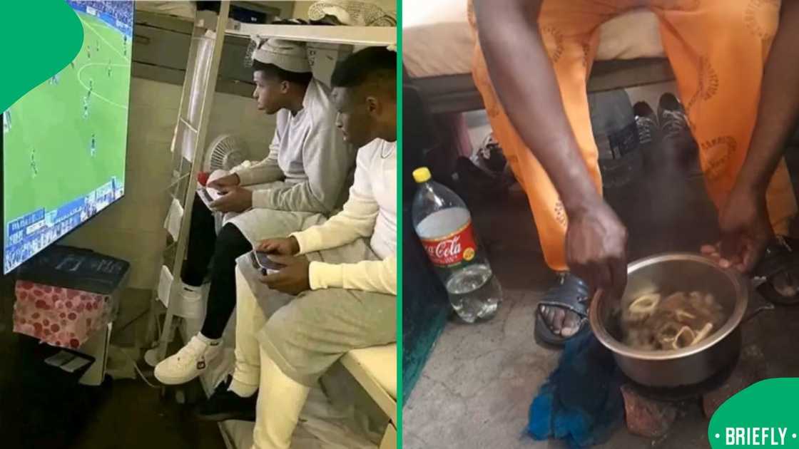 The visual on the right showed a prisoner in orange overalls cooking