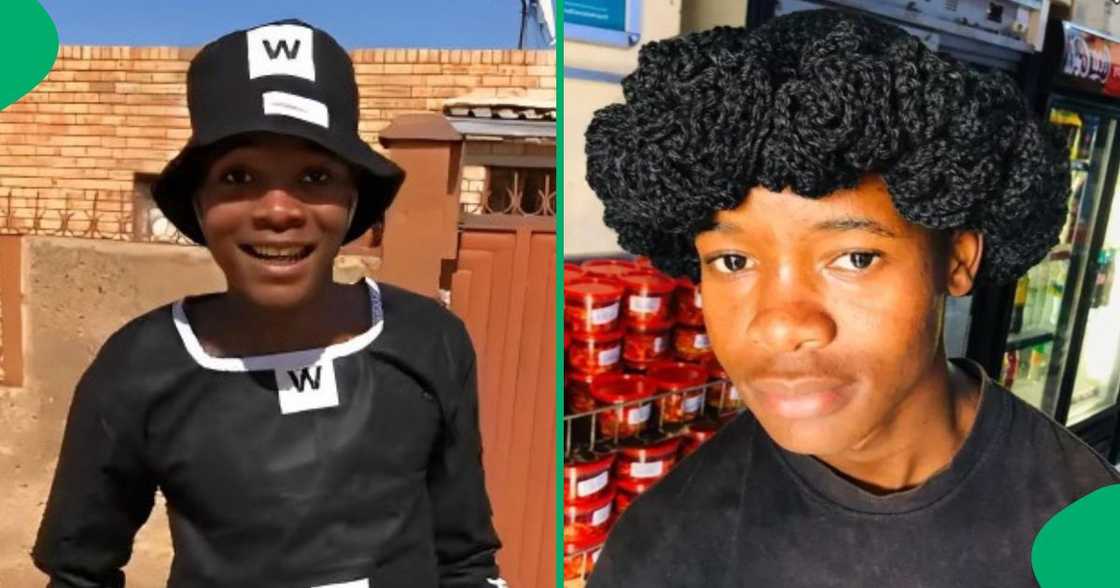 Young man makes outfit using Woolworths' bags. Young man makes outfit using Woolworths' bags.