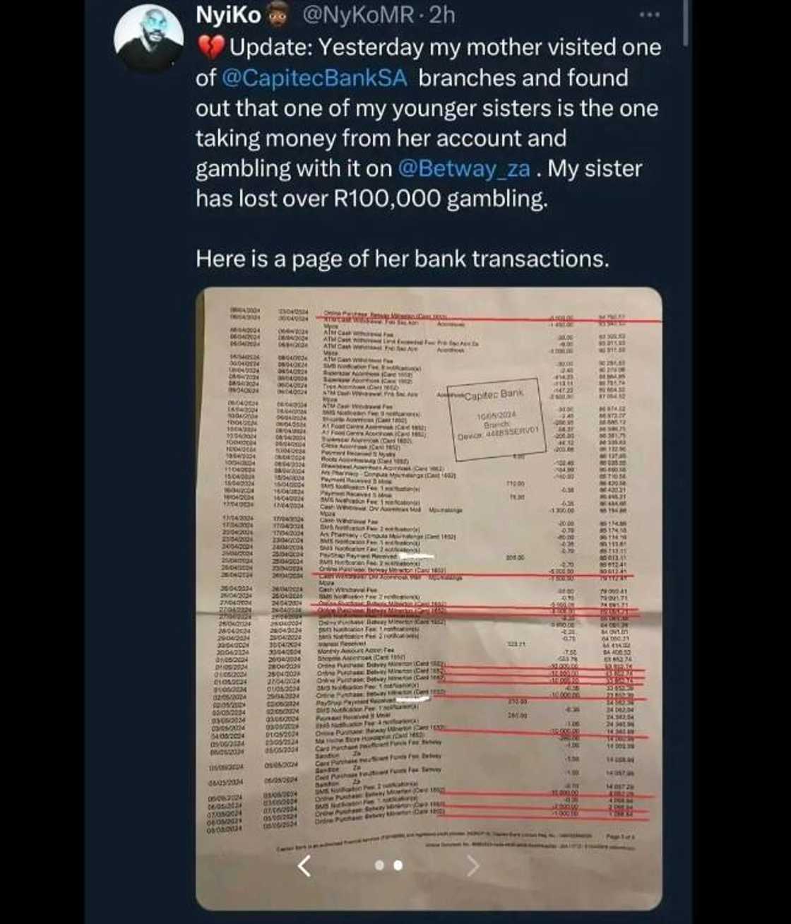 Screenshot on X of bank transactions. Screenshot on X of bank transactions.