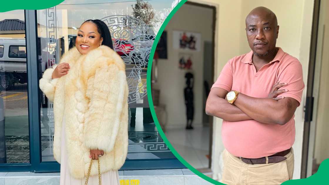 Thobile Makhumalo in a cream outfit and Musa Mseleku in a pink collar tee Thobile Makhumalo in a cream outfit and Musa Mseleku in a pink collar tee