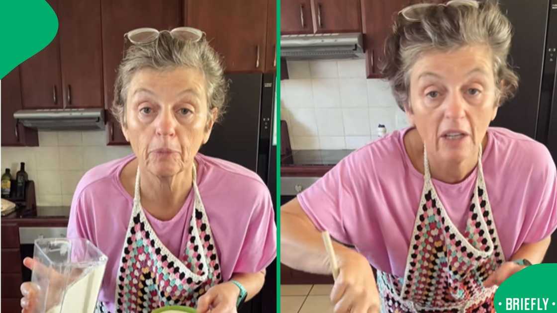 An elderly Afrikaans woman smiling as she assembles a golden pap tert, using simple ingredients for a braai side dish An elderly Afrikaans woman smiling as she assembles a golden pap tert, using simple ingredients for a braai side dish