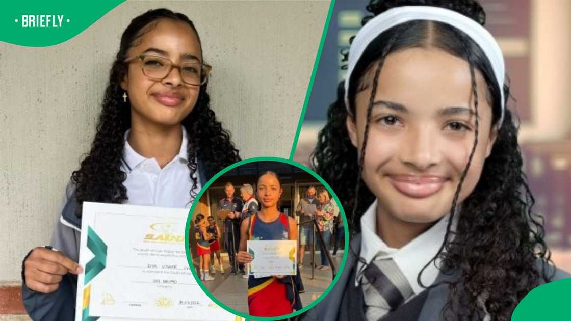 Collage of a schoolgirl holding a certificate and posing in her school uniform, with an inset image showing her receiving an award at a school event.